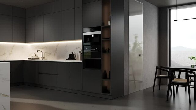 Modern dark kitchen and dining room interior with furniture and kitchenware, grey, black and dark kitchen interior background, luxury kitchen, Video