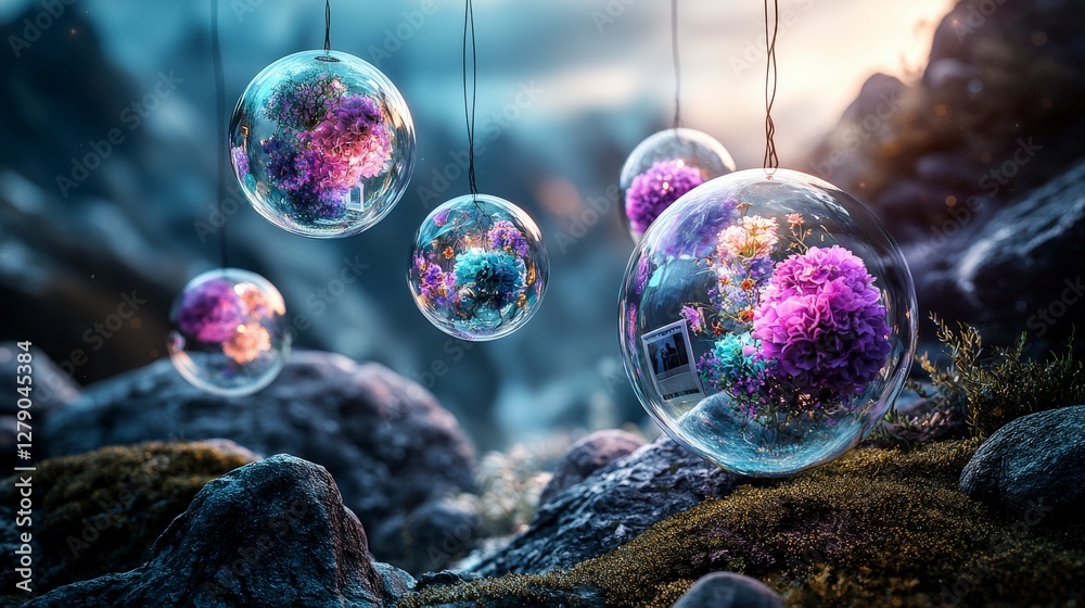 Poster ethereal dreamlike landscape with floating spheres in a surreal enchanted forest - digital art wide 