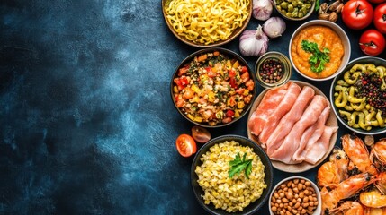 A detailed close-up view showcasing a table adorned with various bowls of food alongside a plate of pasta, highlighting culinary variety and presentation.