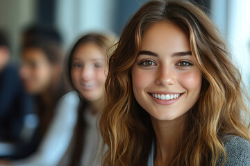 Obraz premium a young girl with long wavy brown hair. She smiles and looks happy. 
