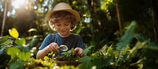 young boy with straw hat joyfully explores plants with magnifying glass in sunlit forest