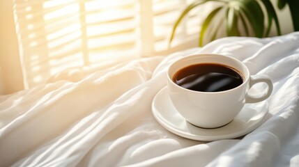 A cozy scene featuring a cup of coffee placed on a saucer, resting gently on a soft bed, evoking warmth and relaxation.