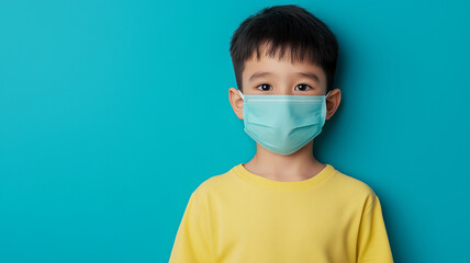 Young boy wearing medical mask against blue background, looking calm