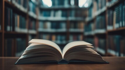 Fototapeta premium Open book on a wooden table in a library filled with shelves of books, creating a scholarly atmosphere