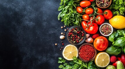 A vibrant assortment of fresh fruits and vegetables beautifully arranged on a table, showcasing nature's bounty in a colorful display.