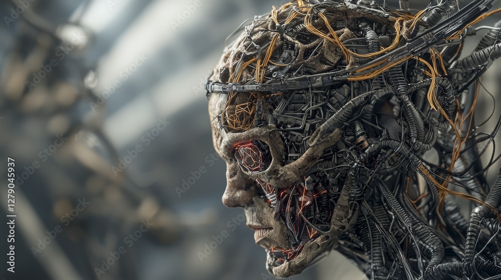 Poster transhumanism explored organic and technological fusion futuristic setting digital art close-up view