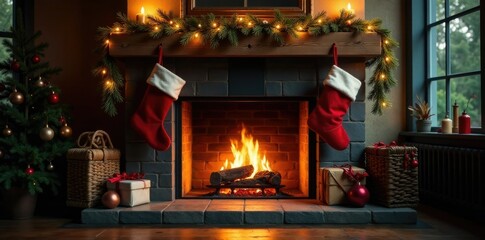 Stockings and garlands adorn a rustic modern fireplace, glowing embers, festive atmosphere, soft light