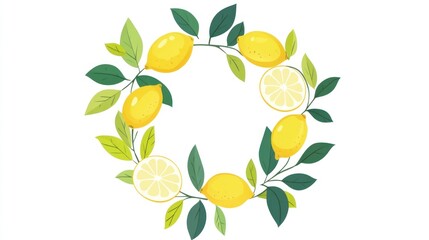 Fresh lemons in a wreath frame, vibrant colors, blank center for design