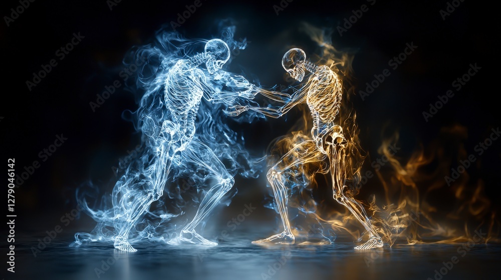 Poster elegant intertwining of two transparent human forms digital art dark background surreal conceptual i