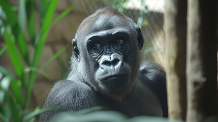 Obraz premium A curious gorilla gazes directly at the camera, showcasing its expressive features and captivating presence in a natural habitat setting.