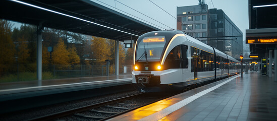 Electric commuter train in motion at contemporary station on rainy day