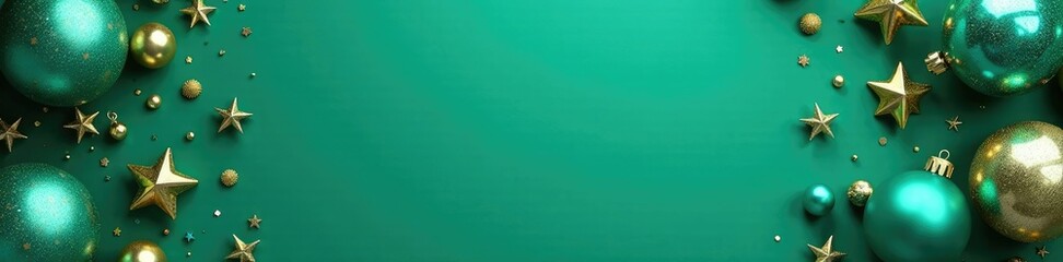 Teal and gold ornaments scattered on a green background with empty space around them, decorative, festive, teal