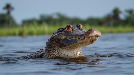 Fototapeta premium A large alligator swims gracefully through the water, showcasing its powerful body and distinctive features in a natural aquatic environment.