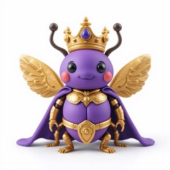 Adorable Purple Insect King with Golden Wings and Crown 3D Rendered Fantasy Character