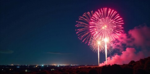 Vibrant fireworks exploding in the night sky with colorful bursts, celestial, vibrant colors