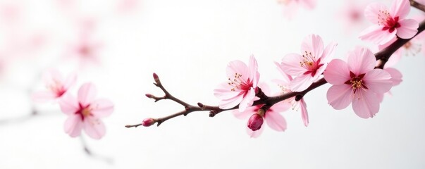 Twigs adorned with delicate pink cherry blossoms against a white background, white, floral, garden