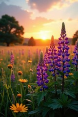Naklejka premium Warm sunset light falls on lupine flowers in a meadow, landscape, sunlight