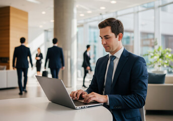Business professional working on laptop in office lobby