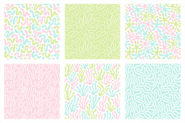 Modern Easter spring seamless vector patterns set. Continuous doodle uneven hand drawn wavy organic lines, blob blotches natural shapes. Fluid chaotic groovy endless backgrounds collection.