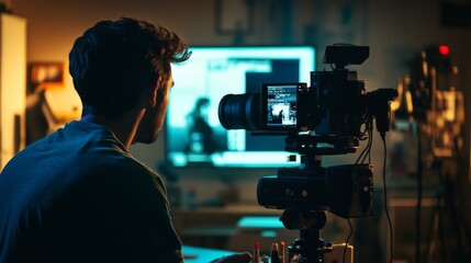 Photographer capturing a model in a studio with soft lighting and digital editing in background
