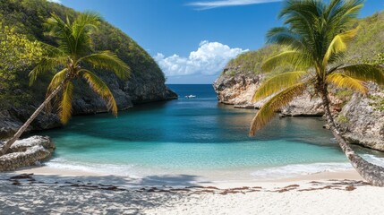 Naklejka premium A serene beach scene featuring a boat floating in the water surrounded by lush palm trees under a clear blue sky.