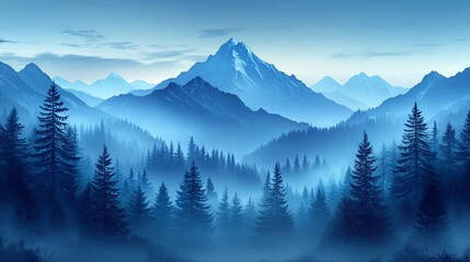 Obraz premium Misty blue mountains, serene forest, sunrise, nature wallpaper