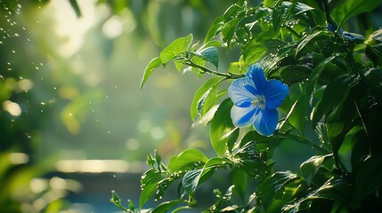 Single blue flower in lush green foliage, backlit by sunlight.