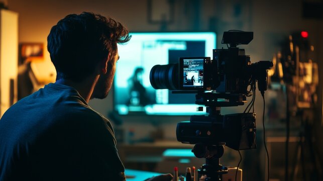 Photographer capturing a model in a studio with soft lighting and digital editing in background