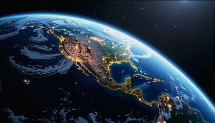 Photorealistic view of illuminated Earth from outer space