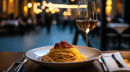 Delicious spaghetti aglio e olio with wine in cozy setting
