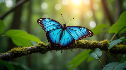 A mesmerizing blue butterfly rests on a moss-covered branch in a lush rainforest, its iridescent wings glowing in the dappled sunlight. A stunning capture of tropical beauty and serenity.