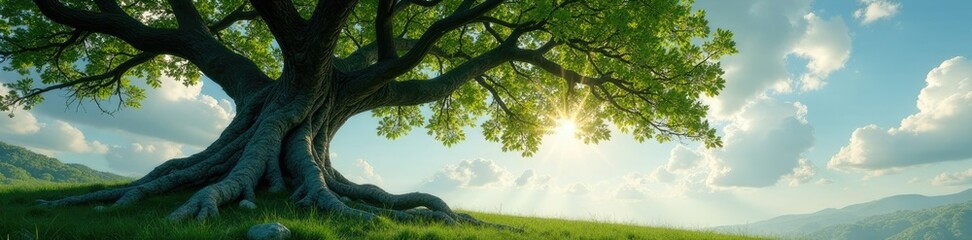 Obraz premium Ancient tree with gnarled branches stretched towards the sky, foliage, serenity, eternal life