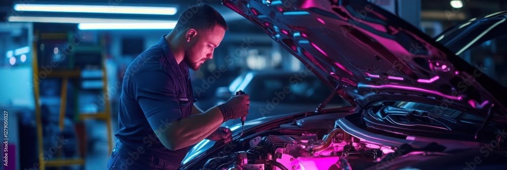 Poster a man is working on a car engine in a garage