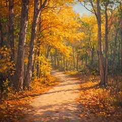 Obraz premium peaceful autumn forest road golden foliage trees image