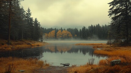 Fototapeta premium Misty autumn lake reflecting trees, foggy forest background, nature scene