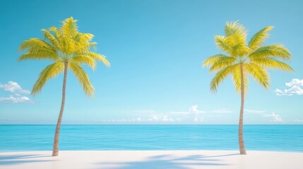 Two tall palm trees stand gracefully on a sandy beach, overlooking the serene ocean waves under a clear blue sky.
