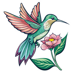 Obraz premium A tiny hummingbird, wings blurred, delicately hovers near a vibrant, blooming flower, showcasing its intricate details.