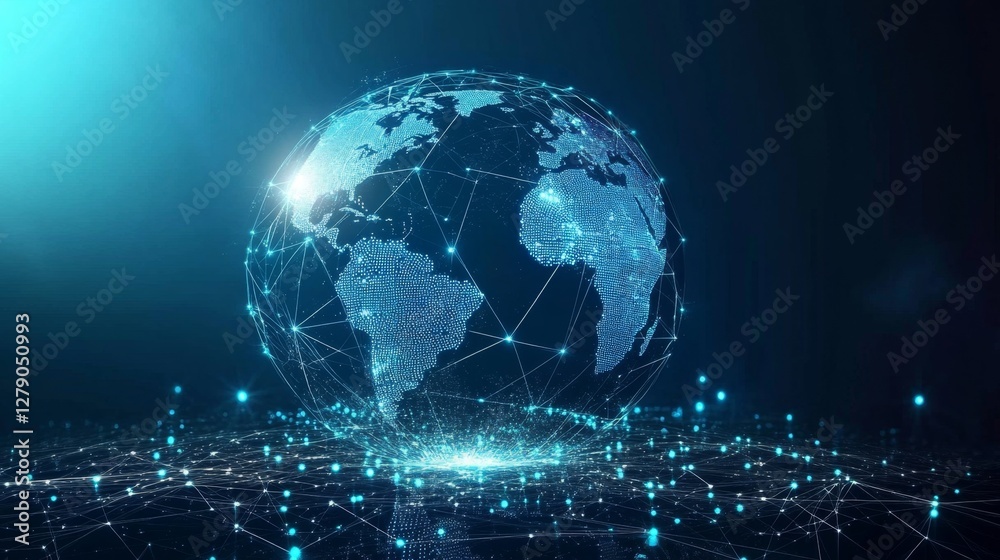 Poster visualizing global connectivity a digital globe with glowing distribution lines in a high-tech envir