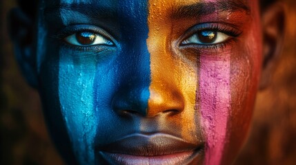 Portrait of a young person with vibrant face paint, showcasing cultural expression and emotion