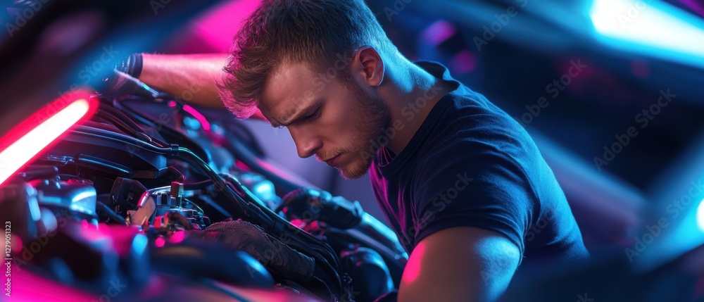 Poster a man is working on a car engine