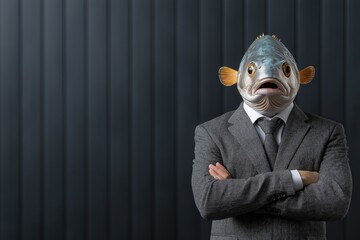 Businessman with blue tang fish head in charcoal-gray suit poses confidently in minimalist studio setting with elegant backdrop