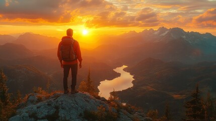 Fototapeta premium Man with backpack on mountain peak enjoying sunset over valley and lake.
