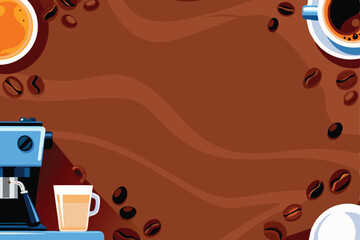 Design a vibrant vector banner showcasing a gleaming espresso machine in a cozy coffee shop setting.  Include coffee beans and steaming cups.
