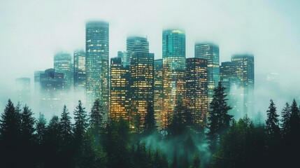 Obraz premium A stunning double exposure of a city skyline and a lush forest creates a captivating urban escape.