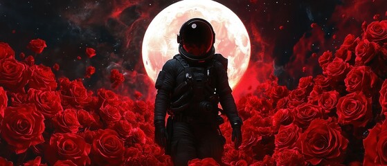Fatigued Astronaut Among Red Roses Under an Alien Moon – Sci-Fi Surrealism in 4K