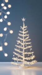 White Christmas Tree with Lights & Star Topper: Festive Holiday Decoration, Minimalist Style, Tabletop Xmas Tree for Home Decor