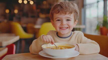 Cute happy child boy having soup for lunch. Kid eating soup. Child eating healthy food on studio iosolated background.