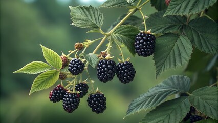 Delicious Blackberries on the Vine: Close-up shot of ripe, juicy blackberries hanging from a thorny vine.