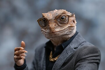 Businessman with frilled lizard head confidently poses in luxury gray suit with gold chain