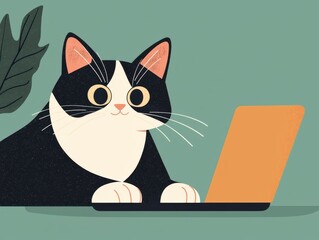 Playful cat curiously observing a laptop on a green background.